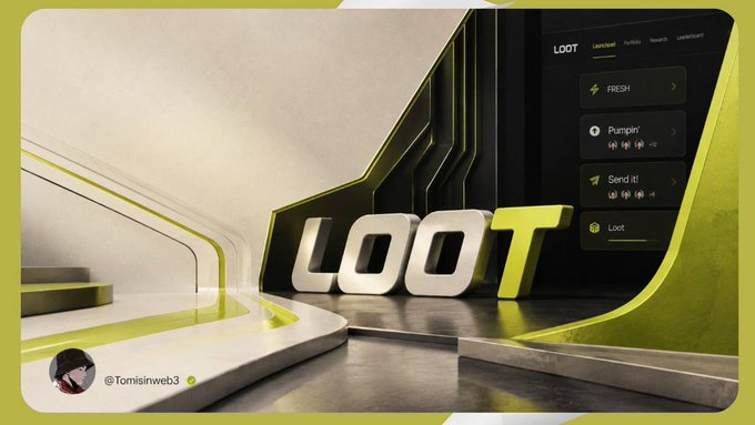 A 3D-rendered graphic displaying the word 'LOOT' in large, blocky letters on a yellow and grey futuristic set, with social media handles '@Tomisinweb3' visible.