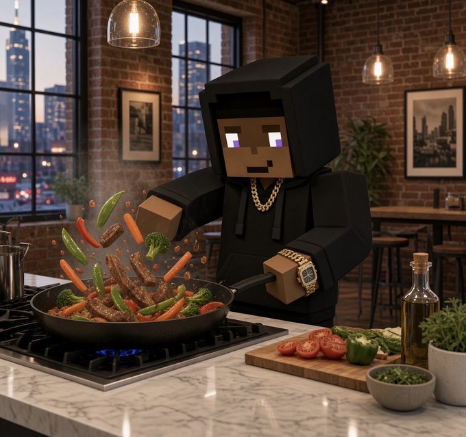 A Minecraft-style character wearing a black hoodie and gold chains tosses a sizzling pan of steak and vegetables on a gas stove in a stylish industrial kitchen. The image ties into the @StackersXYZ post by serving as a playful "cooking" representation of the team's behind-the-scenes work.