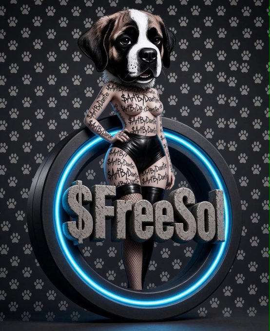 A stylized German Shepherd-headed figure with a tattooed human body (covered in "$ArbDante" text) poses in black lingerie before a glowing blue neon ring. The ring frames large 3D stone letters spelling "$FreeSol" against a dark background patterned with paw prints.