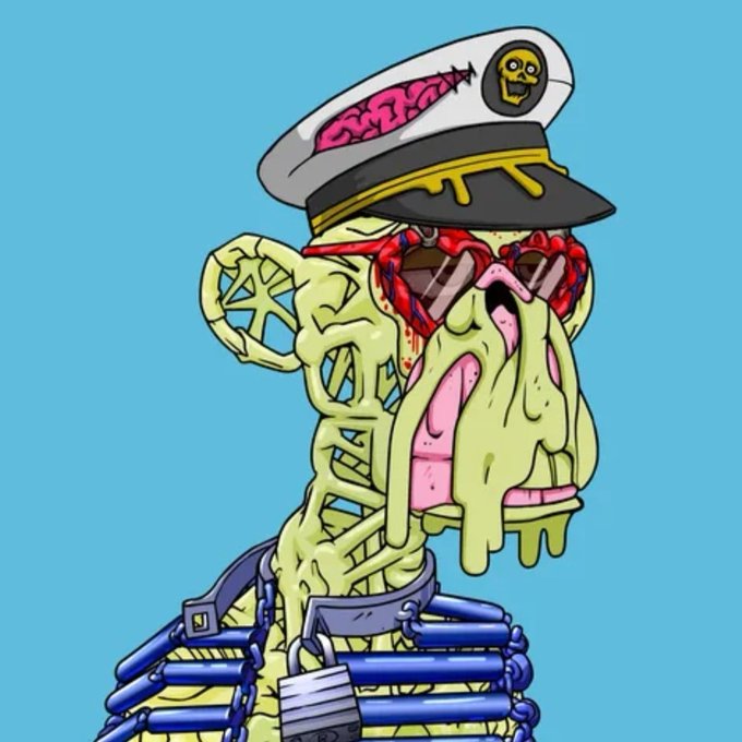 A cartoon illustration of a grotesque, melting zombie-like figure wearing a captain's hat and bloodshot sunglasses, rendered in a 'wojak' meme art style.