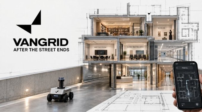 A promotional graphic for 'VANGRID - AFTER THE STREET ENDS' showing a multi-story building blueprint with labeled rooms, a security robot, and a smartphone displaying an app interface.
