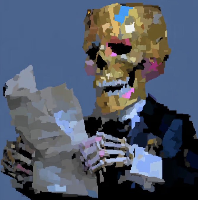 A pixelated digital artwork showing a figure with a golden, gem-studded mask and large white feathered or wing-like hand against a blue background.