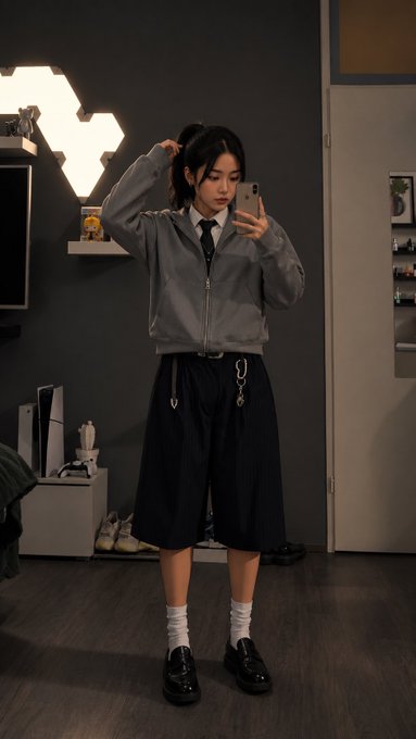 Mirror selfie of a person in a gray hoodie, tie, and black pleated skirt standing in a room with hexagonal wall lights, holding a phone with a heart charm dangling from their shorts.