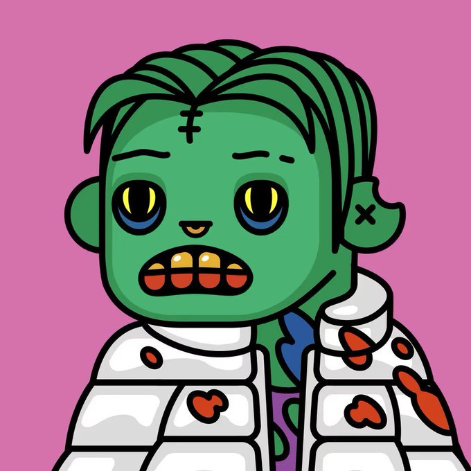 A cartoon-style illustration features a green-skinned zombie character with stitched details on its forehead and ear, sporting bloodshot yellow eyes and a set of sharp teeth, dressed in a white jacket splattered with red blood marks against a pink background. The image visually represents the Deadfellaz NFT brand, aligning with the post's discussion about receiving a free NFT worth approximately 0.03 ETH while having previously purchased their Deadfellaz NFT for around 0.1 ETH.
