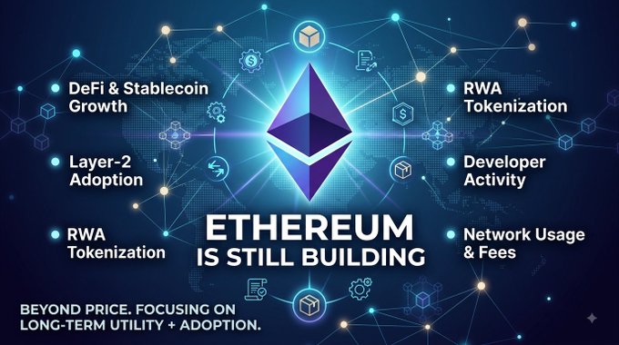 A graphic displays the Ethereum logo with text reading 'ETHEREUM IS STILL BUILDING' and listing topics like DeFi & Stablecoin Growth, Layer-2 Adoption, RWA Tokenization, Developer Activity, and Network Usage & Fees.