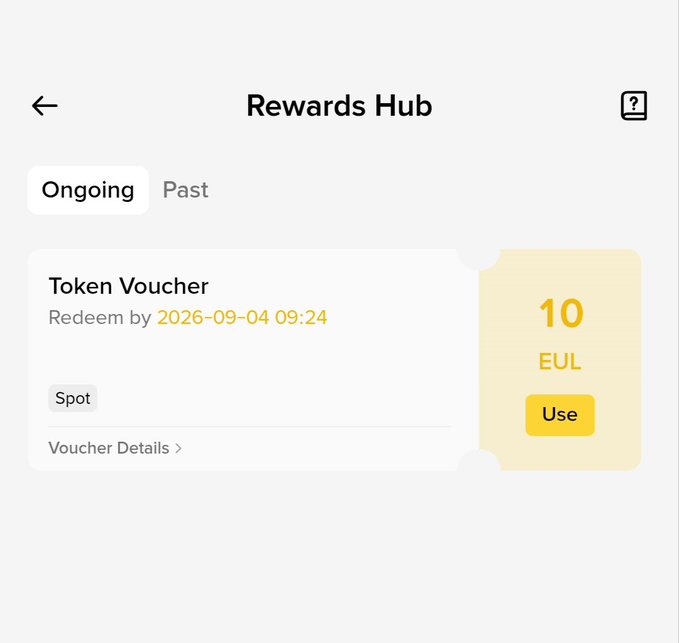 A screenshot of a 'Rewards Hub' interface displaying a 'Token Voucher' redeemable by '2026-09-04 09:24', worth '10 EUL' for 'Spot' trading, with a yellow 'Use' button.