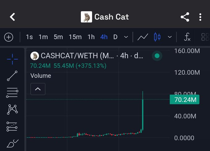 A TradingView chart of CASHCAT/WETH on the 4-hour timeframe shows a dramatic "god candle" with volume spiking to 70.24M, up 375.13%, alongside the text "Cash Cat" at the top. The chart's massive green vertical candle visually confirms the post's claim of a 2x surge.