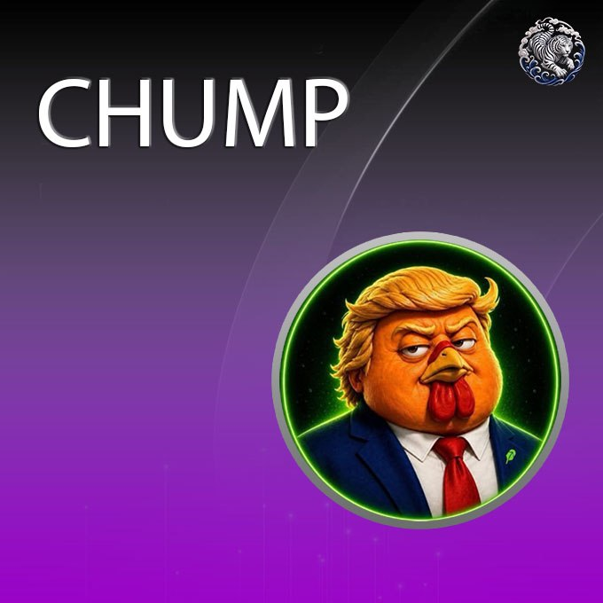 The image shows a promotional graphic for the cryptocurrency $CHUMP, featuring the word "CHUMP" in bold white text alongside a stylized illustration of Donald Trump depicted as a chicken with his iconic blonde hair and red tie, encircled by a green neon ring against a purple gradient background. This ties directly to the listing announcement for ChumpCoinX, highlighting its meme-style branding as a new $CHUMP/ETH trading pair.
