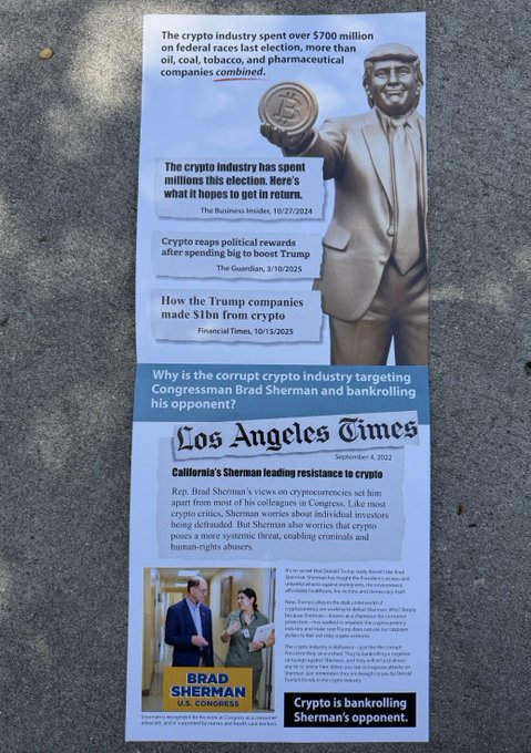 The image shows a campaign flyer featuring Brad Sherman, who has been caught using the Bitcoin cryptocurrency, as the opponent of its use. He is being portrayed with a coin in his hand while referring to himself as "the crypto industry that has spent over $300 Billion on this decision". The post encourages people to join or support the anti-crypto campaign against cryptocurrencies.