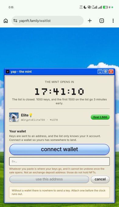 A mobile browser showing the yap - the mint page via yapnft.family/waitlist, with a countdown timer of 17:41:10 until the mint opens and a 'connect wallet' button.