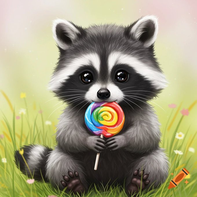 A digital illustration depicts an adorable fluffy raccoon sitting in grass, holding and licking a colorful swirl lollipop.