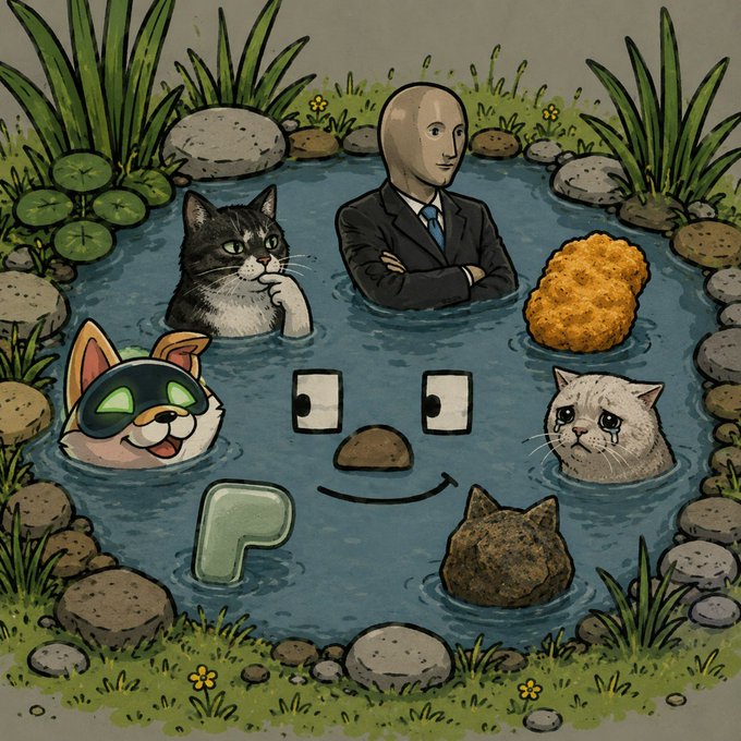 The image depicts a whimsical pond scene with various meme characters—including a cat, a doge-like creature wearing sunglasses, a businessman with a large head, crying cat, and rock-like figures—all floating in the water, with a smiling face formed by simple shapes at the bottom center. This visual aligns with the post's message of inclusivity, showing the pond as a melting pot of meme culture ("Frogs. Dogs. Cats. Stonks. Whatever.") to promote the PONS memecoin at contract address 0x774f8f44891d6ed3516fe3fa18525c94f8f47b60 via @ponsdotfamily.