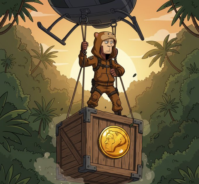 A bear-suited figure stands atop a wooden crate emblazoned with a golden "HODL" coin, suspended by a helicopter over a dense jungle at sunset, evoking the precarious "delivery" of hyped NFT collections into an often indifferent market after their initial launch buzz fades.