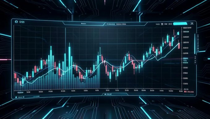 A futuristic, neon-styled digital display showing a bullish candlestick chart with red and green bars and moving average lines, set against a circuit board background.