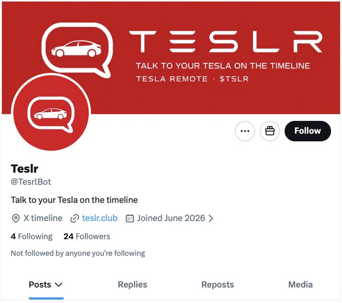 A profile page for "Teslr" (@TeslBot) on the X platform, describing it as a service to "Talk to your Tesla on the timeline" with 4 following and 24 followers, joined in June 2026.