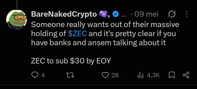 A tweet from BareNakedCrypto dated May 9 predicts ZEC will fall below $30 by end of year, citing banks and Ansem as signals of a major sell-off. The accompanying post mocks this bearish forecast, calling the prediction laughable and telling followers they'll stay poor if they follow such advice.