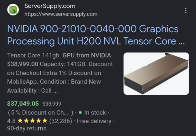 A Google search listing from ServerSupply.com for an 'NVIDIA 900-21010-0040-000 Graphics Processing Unit H200 NVL Tensor Core' priced at $37,049.05.