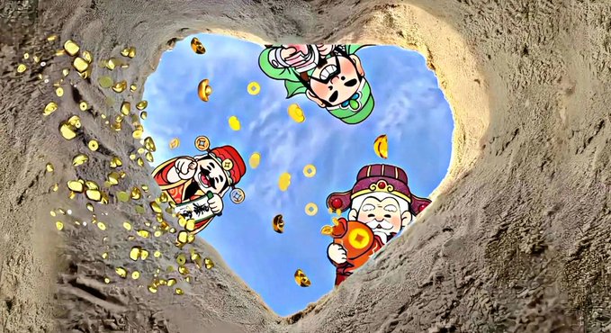 Three cartoon characters (a cat, a monkey, and a panda-like figure in traditional attire) appear at the bottom of a deep sandy hole filled with scattered gold coins against a blue sky.
