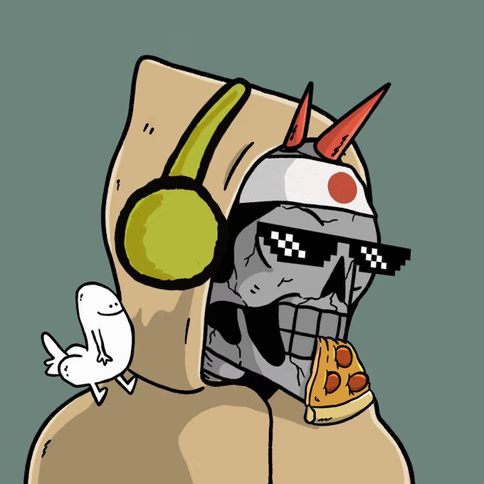 A cartoon illustration of a skull-faced character wearing a paper bag with a dollar sign, red devil horns, pixelated sunglasses ('deal with it' glasses), and eating pizza, with a small white ghost-like creature on the side.