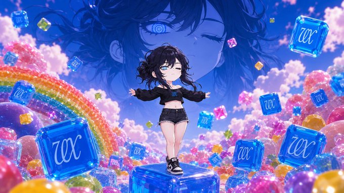 An anime-style illustration features a girl with dark hair standing among blue ice cubes marked with a stylized symbol, set against a colorful background of clouds and rainbows.