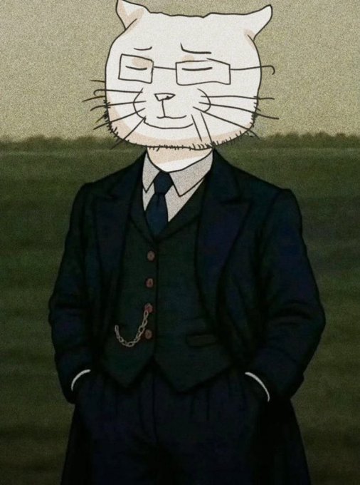 A hand-drawn illustration features a white cat with a smug expression and small rectangular glasses, dressed in a formal three-piece suit with a pocket watch chain, standing against a muted green landscape. The image humorously personifies the $CATJAK token mascot as a sophisticated, time-tested gentleman, reinforcing the post's message that "good memes take time to build."