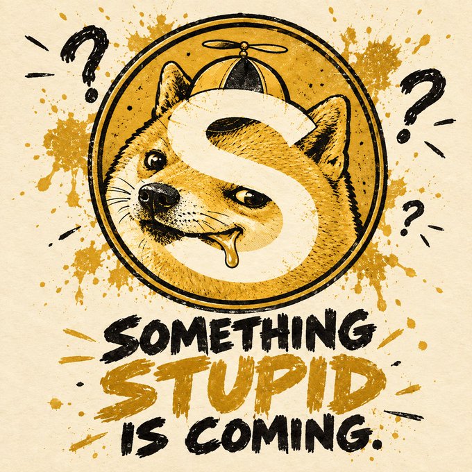 A yellow and black graphic illustration of a Shiba Inu dog wearing a propeller beanie inside a circular emblem, with the text "SOMETHING STUPID IS COMING" and "S" displayed prominently with paint splatter accents.