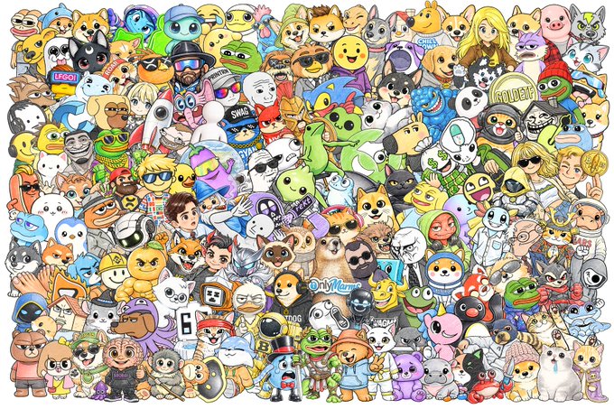 A vibrant, densely-packed collage features dozens of popular internet meme characters, doge-style Shiba Inus, Pepe the Frog variations, and NFT mascots, with visible text including "LEGO!", "SWAG", "OnlyFans", and "BSC" representing various blockchain projects. The image relates to the "favorite project" post by showcasing the diverse and chaotic landscape of crypto, meme, and NFT communities celebrated by the community on a weekend.