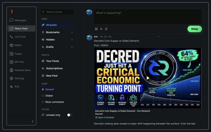 A dark-themed social platform interface (Newsmix/BR) showing a post titled 'Decred's Coin Supply vs Stake Demand' with a graphic highlighting 64% of total supply locked in stake.