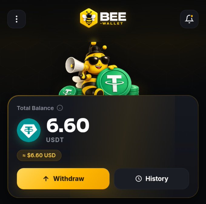 The Bee Wallet mobile app interface showing a total balance of 6.60 USDT (approximately $6.60 USD) with Withdraw and History buttons, featuring a cartoon bee mascot with USDT coins.