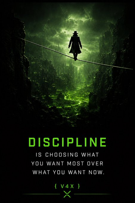A motivational poster with green-tinted imagery of a person walking a tightrope over a city, with text reading 'DISCIPLINE IS CHOOSING WHAT YOU WANT MOST OVER WHAT YOU WANT NOW.'