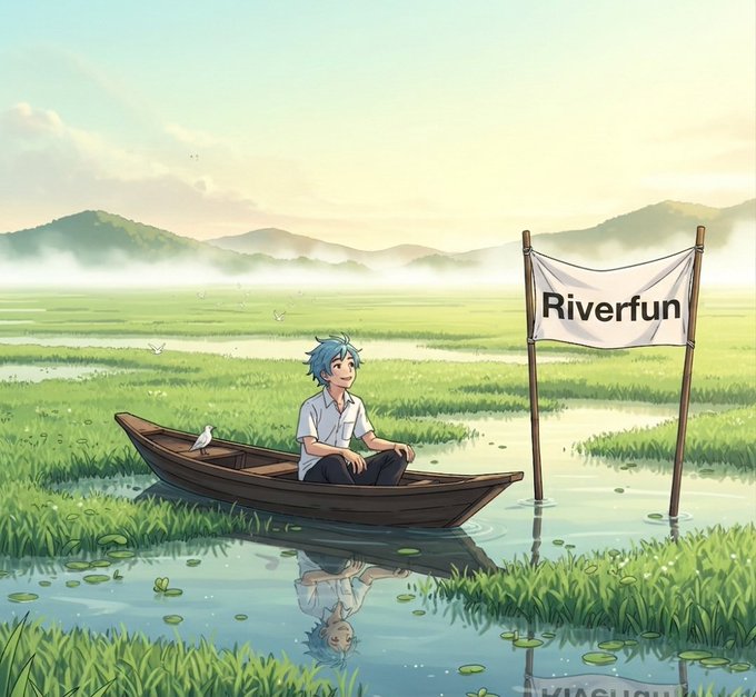 An anime-style illustration depicts a blue-haired character sitting in a wooden boat on a misty river, next to a banner that reads 'Riverfun'.