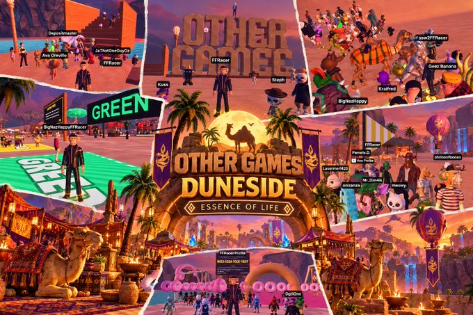 A collage of screenshots from a virtual event called 'Other Games Duneside: Essence of Life,' showing various avatars in a desert-themed game environment.