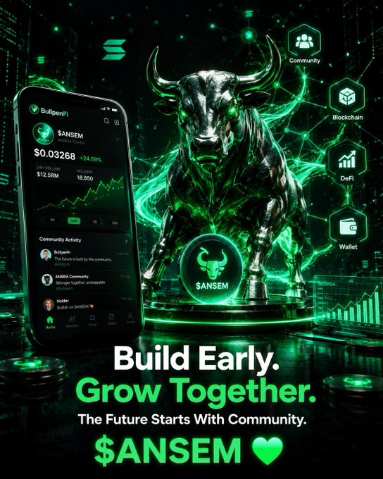 A promotional graphic for the cryptocurrency $ANSEM, featuring a green bull statue, a phone displaying a trading app, and the text 'Build Early. Grow Together. The Future Starts With Community.'