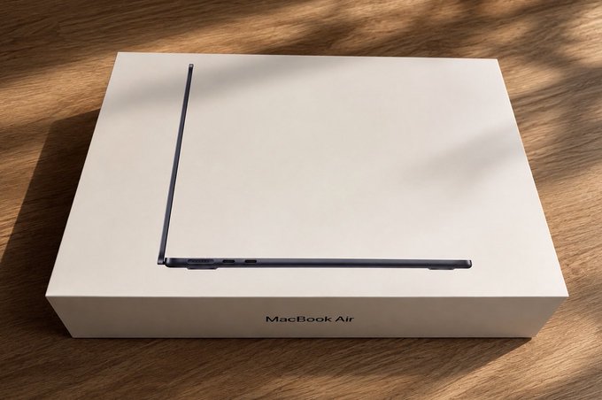 A MacBook Air product box sitting on a wooden surface with sunlight casting shadows, showing the side profile of the laptop on the box design.