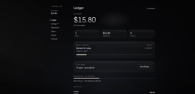 A dark-themed Ledger cryptocurrency wallet interface showing a balance of $15.80 with 1 RUN and 0 CREDLE, a daily check-in marked for today, and 13 listings open up to $3.25.