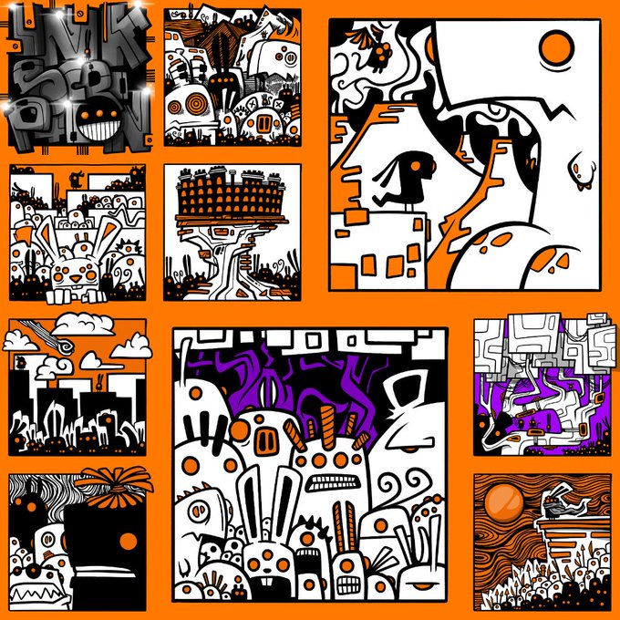 A collage of abstract digital illustrations in a bold orange, black, and white color palette, featuring various surreal characters, shapes, and structures.