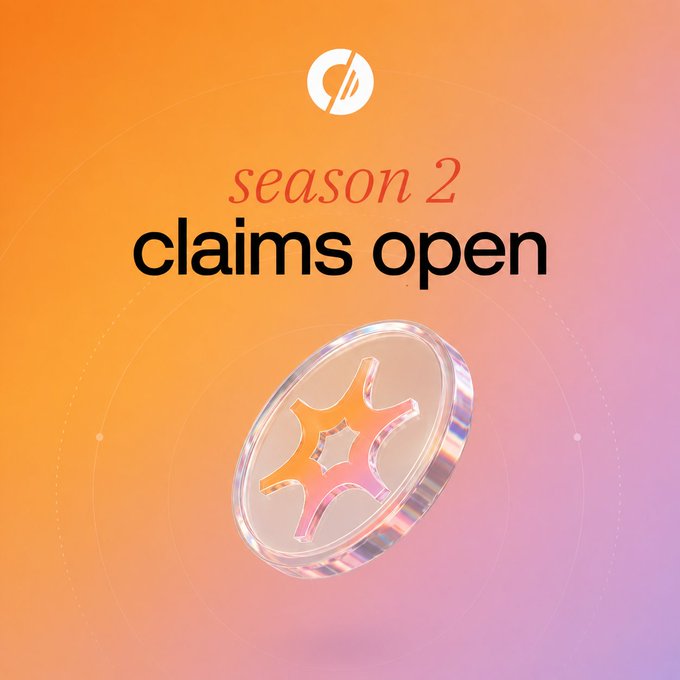 A promotional graphic with an orange-to-pink gradient background displaying "season 2 claims open" above a 3D rendering of a coin featuring a star-like symbol.