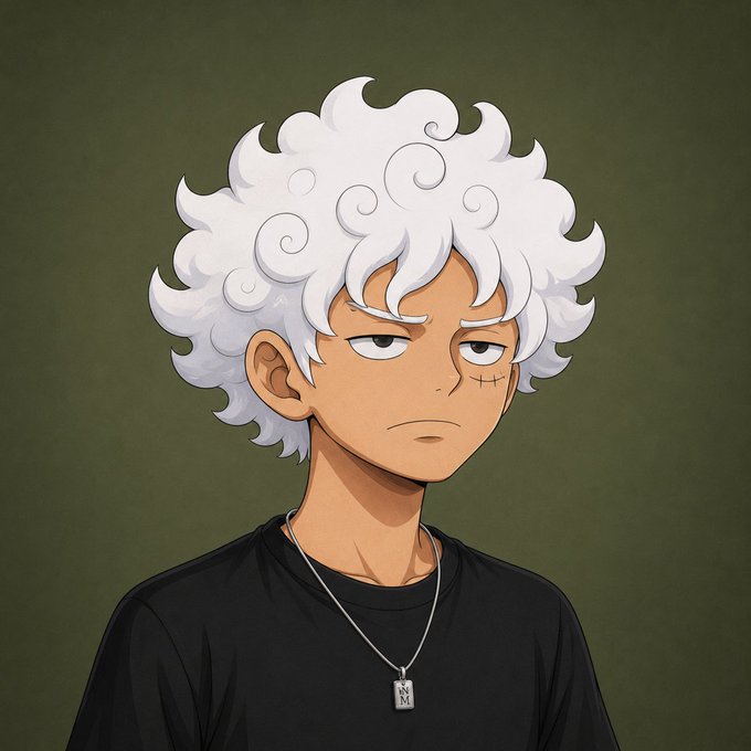 An anime-style portrait of a young man with curly white hair, a small scar under his eye, and a serious expression, wearing a black t-shirt and a silver pendant necklace.