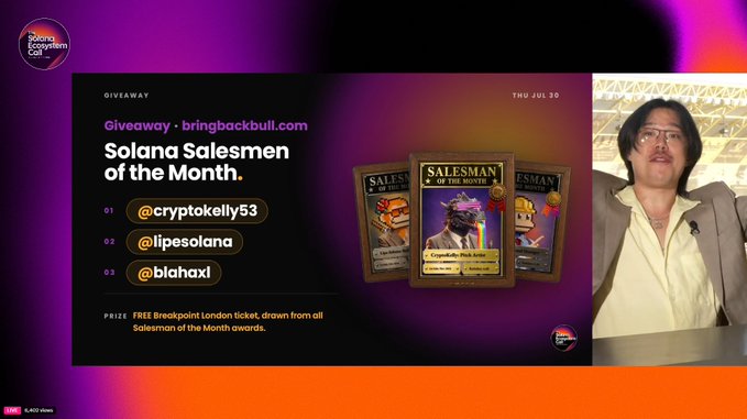 A video screenshot from 'Solana Ecosystem Call' showing a 'Giveaway · bringbackbull.com' for 'Solana Salesmen of the Month' featuring crypto trading cards, with winners @cryptokelly53, @lipesofana, and @blahaxl, and a prize of a FREE Breakpoint London ticket.