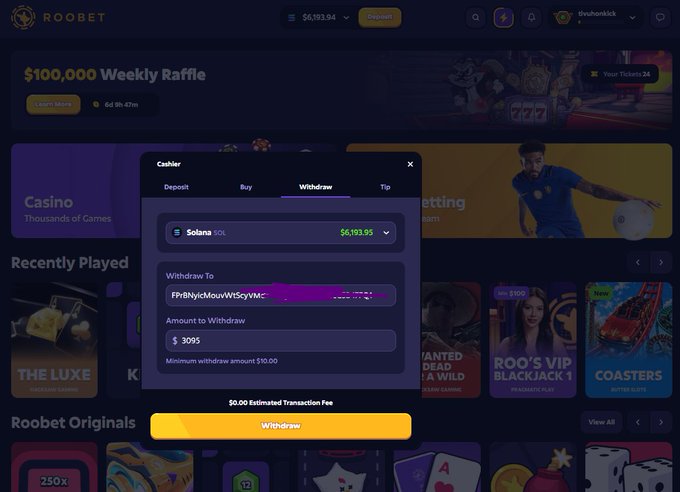 The image shows a withdrawal screen on Roobet casino where a user is cashing out $3,095 worth of Solana (SOL) with a balance of $6,193.95 displayed. The transaction aligns with the post celebrating a win ("WCASHY") on Roobet.
