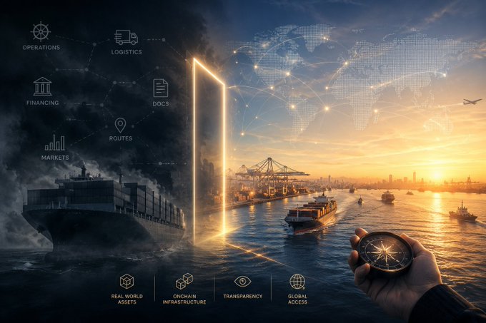 A split digital composite contrasts a cargo ship in stormy waters with a sunny port scene, overlaid with blockchain icons labeled OPERATIONS, LOGISTICS, FINANCING, DOCS, MARKETS, and ROUTES.