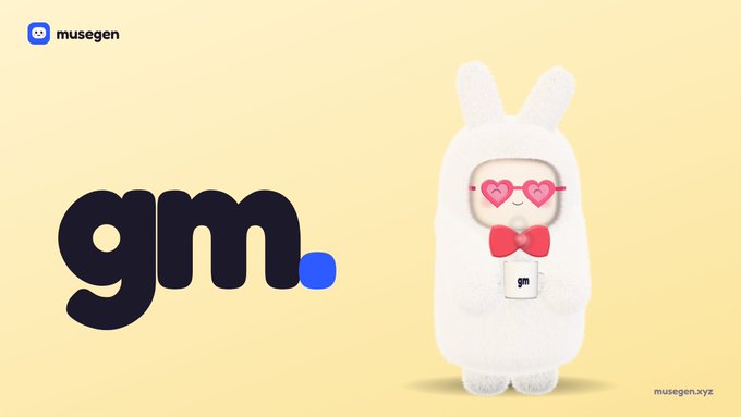 A graphic featuring a white plush bunny character wearing heart-shaped sunglasses and a red bow tie, holding a 'gm' mug, displayed alongside large 'gm.' text on a pale yellow background with the 'musegen.xyz' logo.