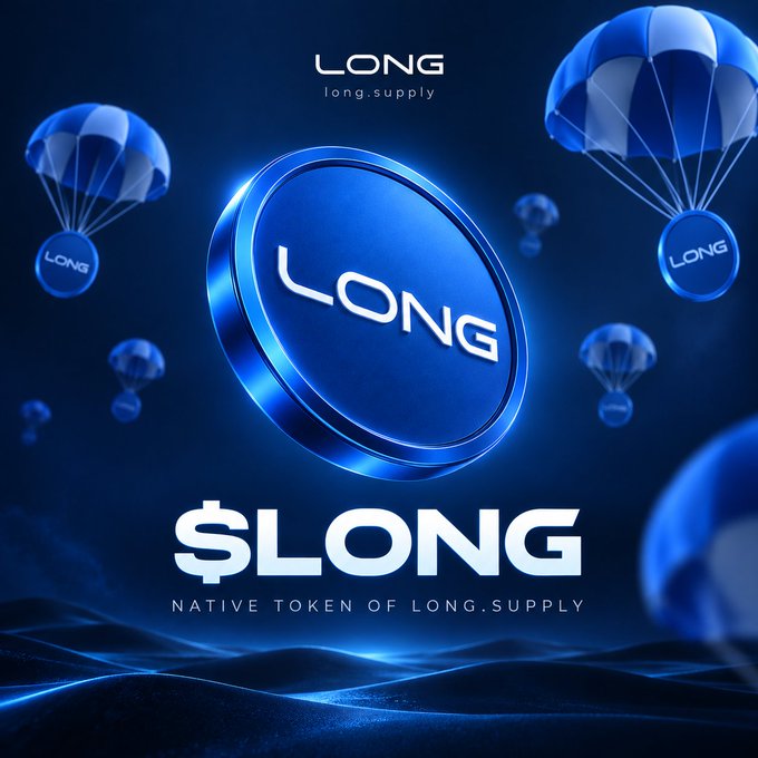 A blue-toned promotional graphic showcases the "$LONG" native token of long.supply, featuring a large central coin emblazoned with the LONG logo and surrounded by floating parachutes carrying the same branding. The image visually reinforces the launch announcement, with the text "$LONG - Native Token of long.supply" prominently displayed beneath the coin against a stylized blue digital landscape.