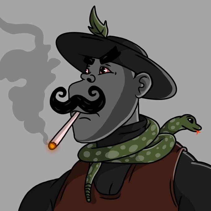 A stylized cartoon illustration of a gray-skinned man with a curled mustache, smoking a cigarette and wearing a wide-brimmed hat with a leaf, with a green spotted snake coiled around his shoulders.

The image appears to relate to the Darkhoods NFT giveaway post, possibly depicting one of the hooded/character characters from the Darkhoods NFT collection, suggesting a thematic tie-in to the giveaway winners announcement.