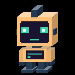 A pixel art sprite of a small tan and dark gray robot with glowing cyan eyes and a small antenna, isolated on a black background.