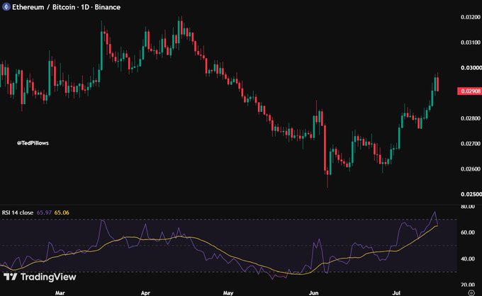 A daily ETH/BTC chart on Binance shows the pair climbing to around 0.0290 after bottoming near 0.0240 in June, with the RSI indicator spiking to 65.06 (its highest level in 11 months) while a bearish engulfing candle forms at the recent peak—visually confirming the post's call for an impending correction.