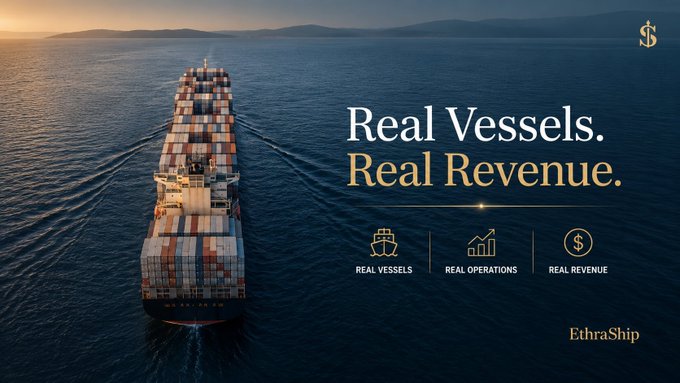 A promotional banner for EthraShip displays a cargo ship on the ocean at sunset with the tagline 'Real Vessels. Real Revenue.' and icons for vessels, operations, and revenue.