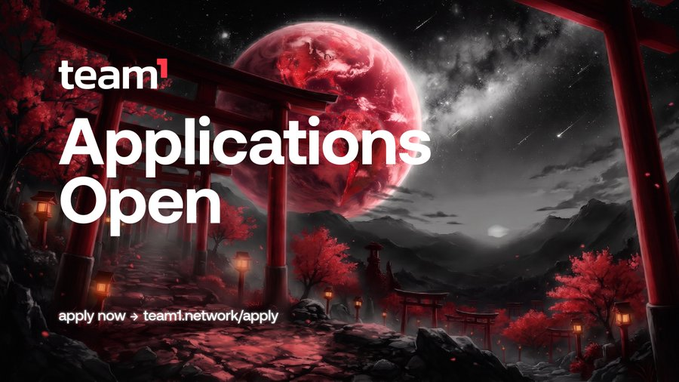 The image features an advertisement for Team1 applications open, with a large red planet in the background. The text above the planet reads "team1 applications are open", while below it says "Applications Open". Below this, there's a description of the application process and how many members can join at once.