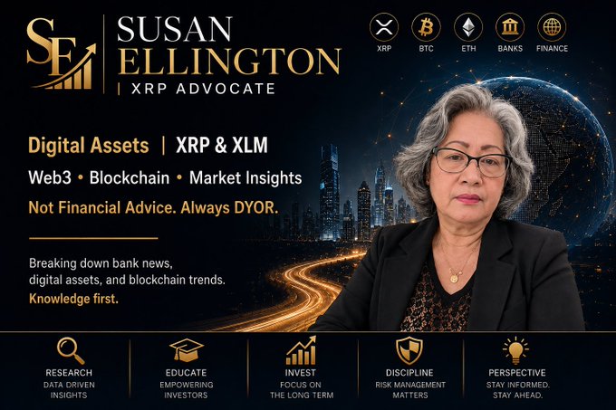 A promotional banner for 'Susan Ellington | XRP Advocate' covering 'Digital Assets | XRP & XLM', 'Web3 • Blockchain • Market Insights', featuring icons for XRP, BTC, ETH, BANKS, and FINANCE alongside her portrait.