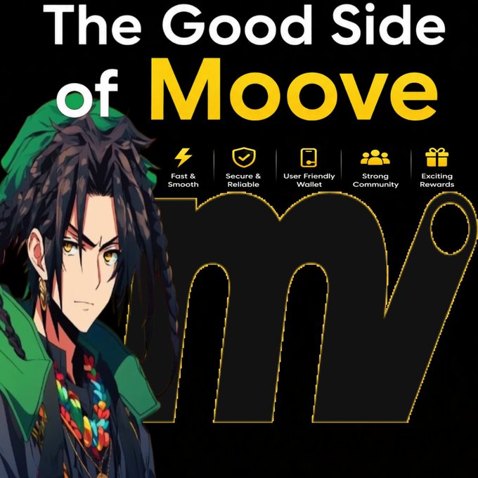 A promotional graphic titled 'The Good Side of Moove' featuring an anime-style character and icons highlighting fast & smooth, secure & reliable, user friendly wallet, strong community, and exciting rewards.